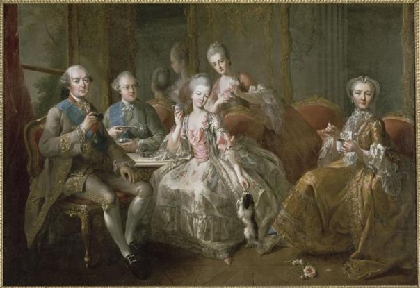 La familia del duque de Penthièvre, o La taza de chocolate, pintada por Jean-Baptiste Charpentier le Vieux (1768). De izq. a derecha, sentados: duque de Penthièvre; príncipe de Lamballe; princesa de Lamballe, condesa de Toulouse; de pie al fondo: Mlle. de Penthièvre.